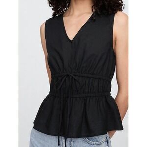 NEW GAP Peplum Top Large Black Linen Blend Sleeveless V-Neck Smocked Waist